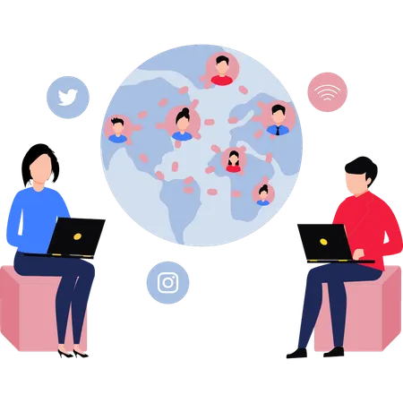 Boy and girl have a global social network  Illustration