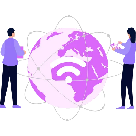 Boy and girl have global network connection  Illustration