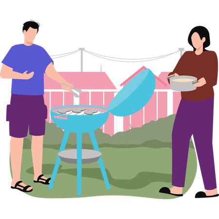 Boy and girl having barbecue outside  Illustration
