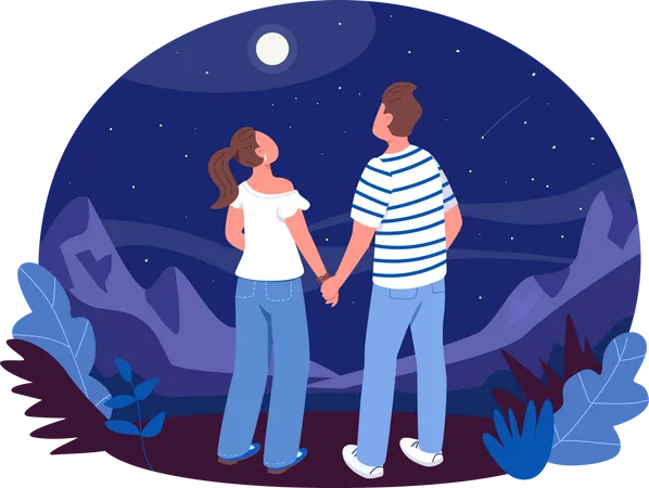 Boy and girl hold hands and watching stars Illustration