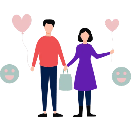 Boy And Girl Holding Balloons And Shopping Bags Illustration