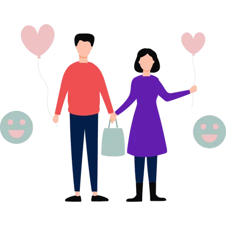 Boy and girl holding balloons and shopping bags  Illustration