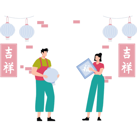 Boy and girl holding chines lantern  Illustration