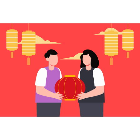 Boy and girl holding chinese lamp  Illustration