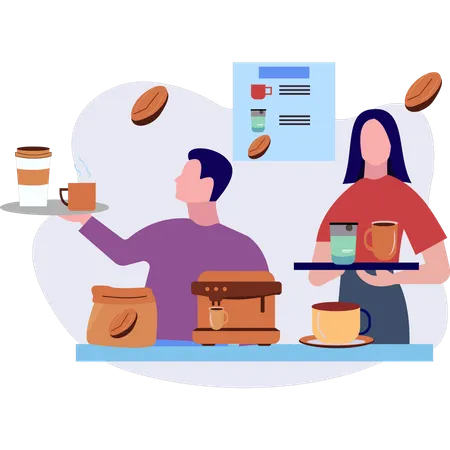 Boy and girl holding coffee  Illustration