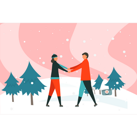Boy and girl holding hands while skating Illustration