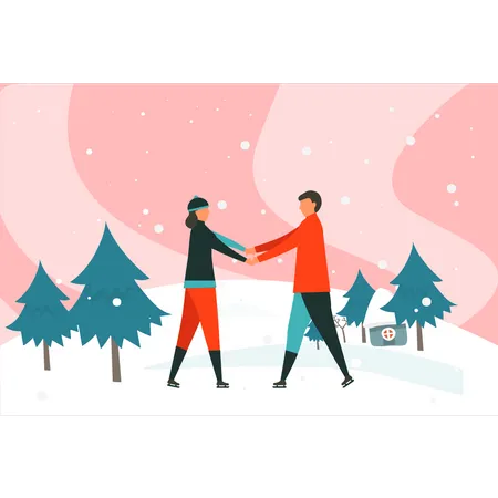 Boy and girl holding hands while skating Illustration