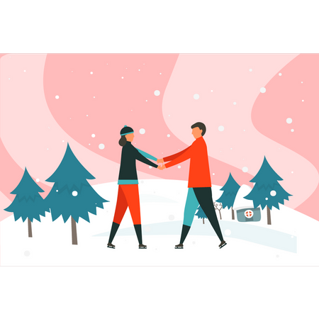 Boy and girl holding hands while skating  Illustration