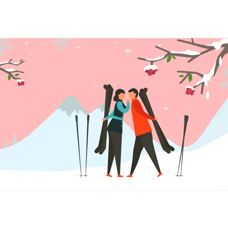 Boy and girl holding ice skiing board  Illustration