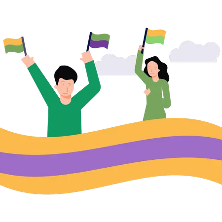 Boy and girl holding sports flags  Illustration