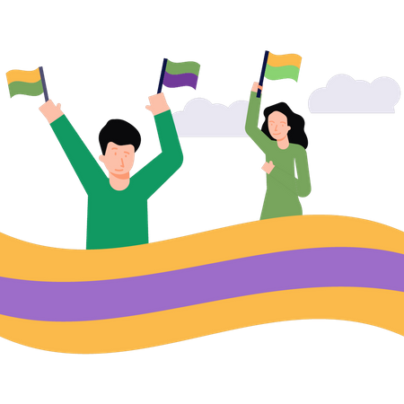 Boy and girl holding sports flags  イラスト