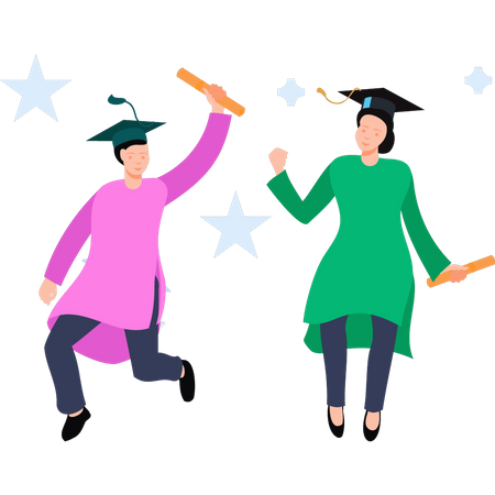 Boy and girl holding their graduation degrees  イラスト
