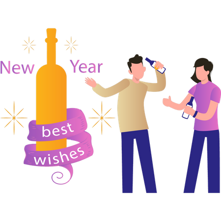 Boy and girl holding wine bottles for New Year celebration  Illustration