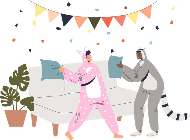 Boy and girl in bunny and raccoon costumes fighting pillows  Illustration