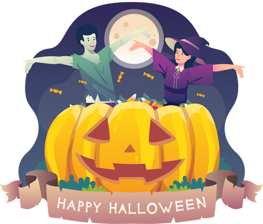 Boy and girl in costume celebrating Halloween  Illustration