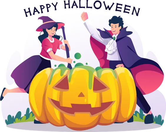 Boy and girl in witch and wizard costume making a green magical potion in a giant pumpkin Halloween Illustration