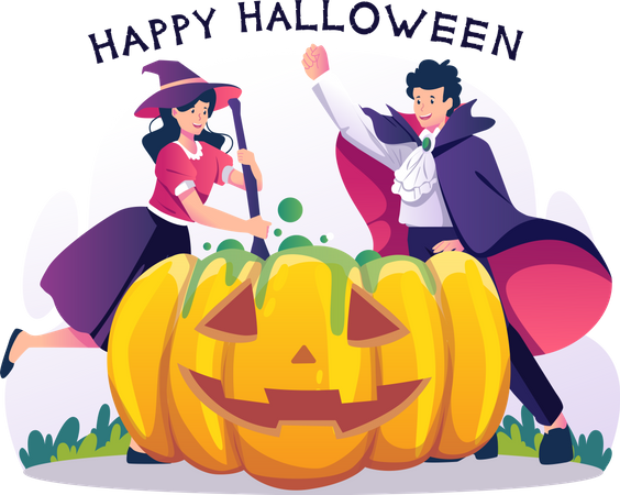 Boy and girl in witch and wizard costume making a green magical potion in a giant pumpkin Halloween  Illustration