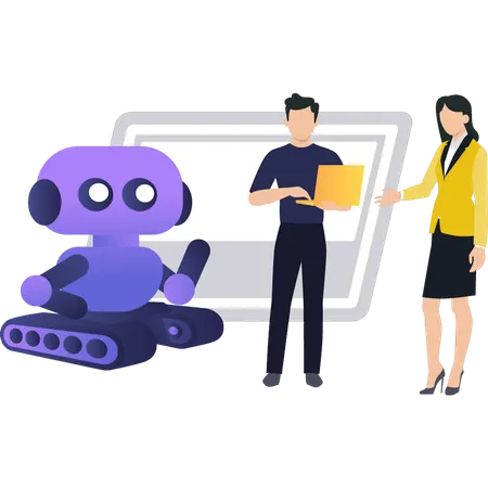 A Boy And Girl Instructing A Robot Illustration