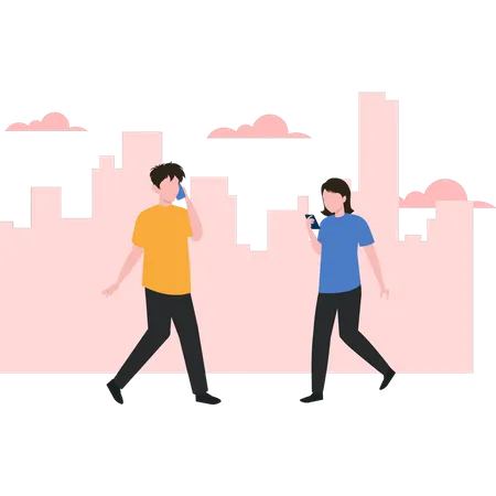 Boy and girl is walking and using their mobile phones Illustration