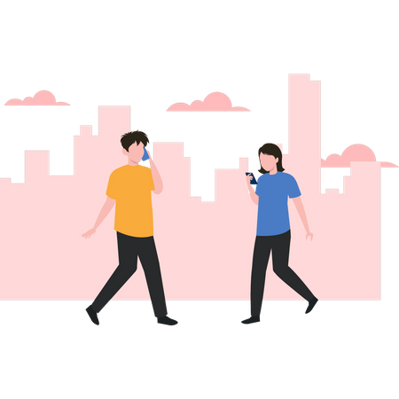 Boy and girl is walking and using their mobile phones  Illustration