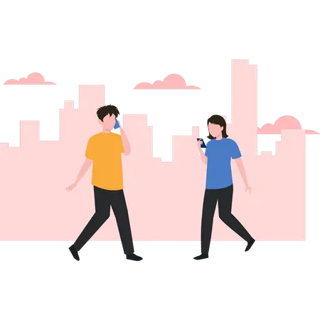 Boy and girl is walking and using their mobile phones  Illustration