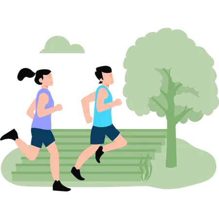 Boy and girl jogging in park  Illustration