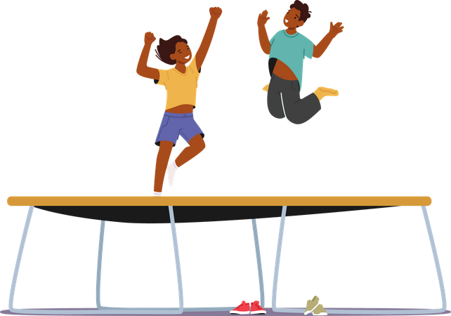 Boy And Girl Jumping On Trampoline  Illustration