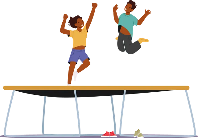 Boy And Girl Jumping On Trampoline  Illustration