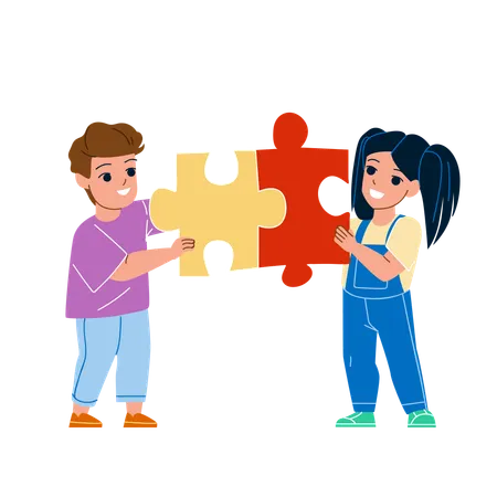 Boy And Girl Kids Playing Puzzle Together Vector Schoolboy And Schoolgirl Children Play Puzzle Educational Game Togetherness Characters Funny Leisure Time Flat Cartoon Illustration Illustration