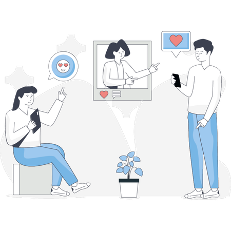 Boy and girl  liking social media post  Illustration