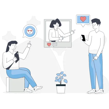 Boy and girl  liking social media post  Illustration
