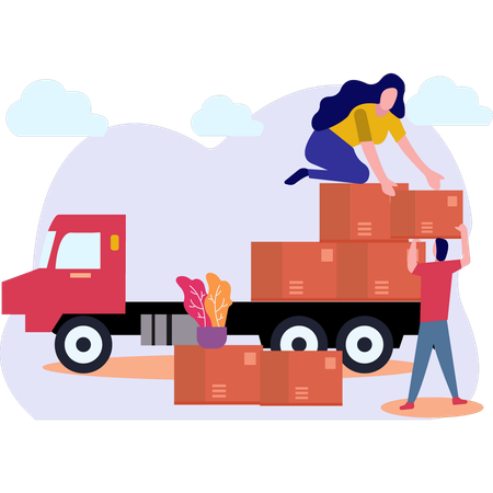 Boy And Girl Loading Goods On Truck  Illustration
