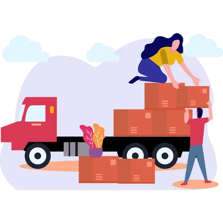 A Boy And A Girl Are Loading Goods On A Truck Illustration