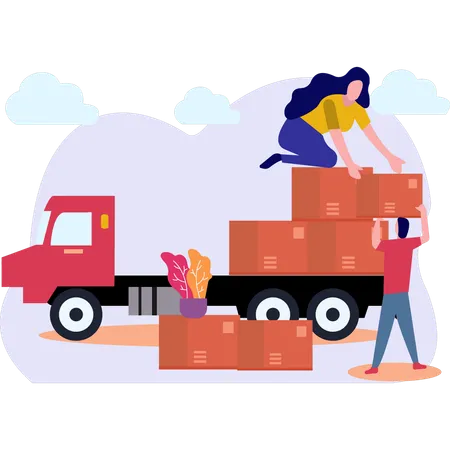 Boy And Girl Loading Goods On Truck  Illustration