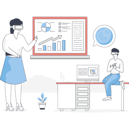 Boy and girl looking at business graph through VR glasses  Illustration