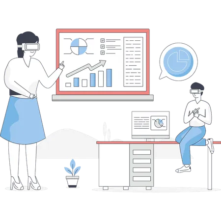 Boy and girl looking at business graph through VR glasses  Illustration