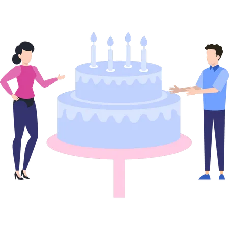 Boy and girl looking at cake  Illustration