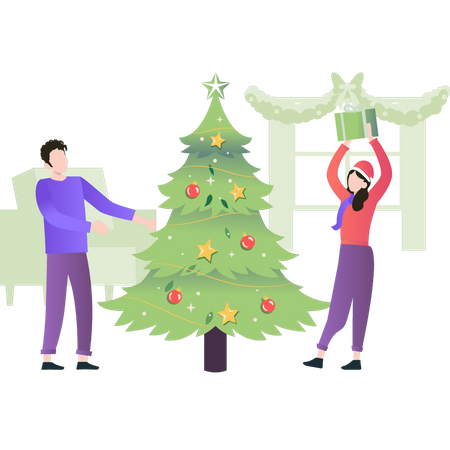 Boy and girl looking at Christmas tree  Illustration