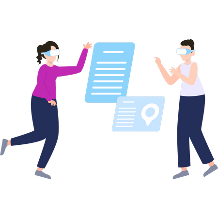 Boy and girl looking at documents through VR glasses Illustration