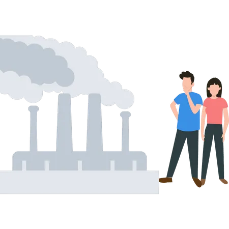 Boy and girl looking at factory smoke pollution  Illustration
