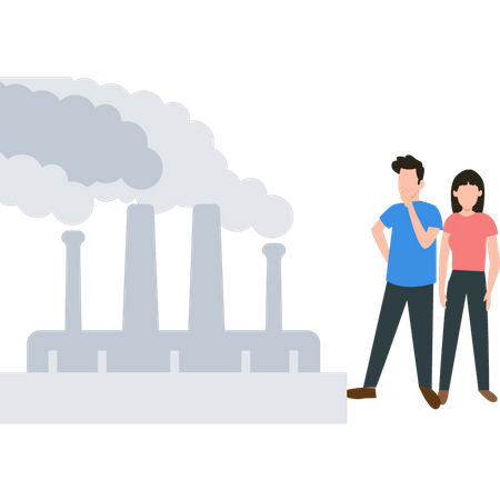 Boy and girl looking at factory smoke pollution  Illustration