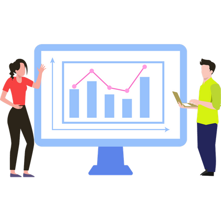 Boy and girl looking at graph analytics  Illustration