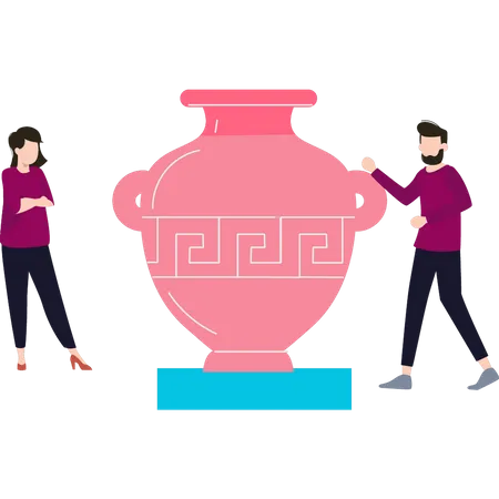 Boy and girl looking at handicraft vase  イラスト