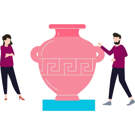 Boy and girl looking at handicraft vase  Illustration