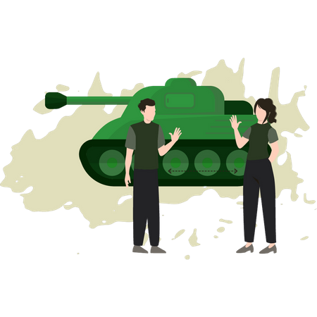 Boy And Girl Looking At Military Tank Illustration