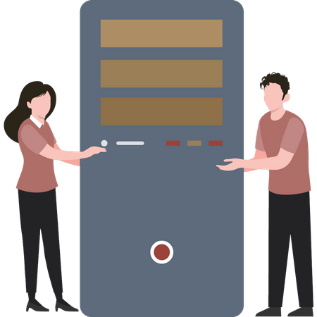 Boy and girl looking at PC tower  Illustration
