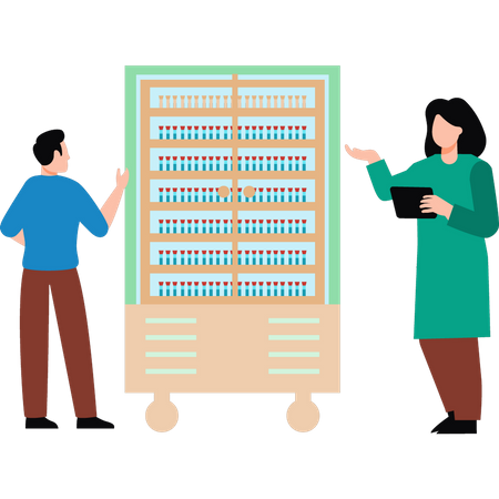 Boy and girl looking at sample storage cabinet  Illustration