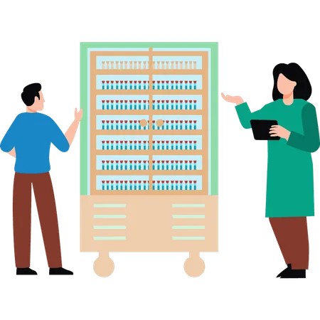 Boy and girl looking at sample storage cabinet  イラスト