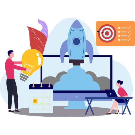 Boy and girl looking at startup rocket  Illustration