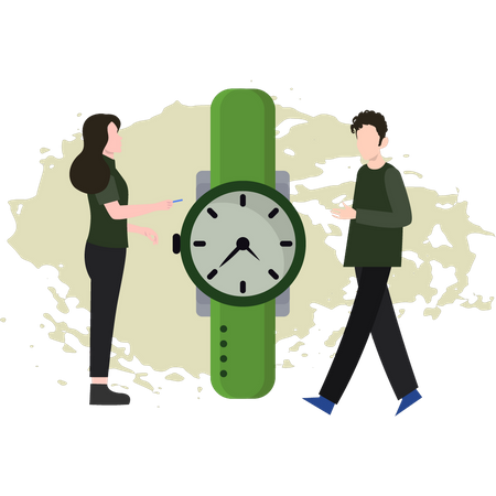 Boy And Girl Looking At Wristwatch Illustration